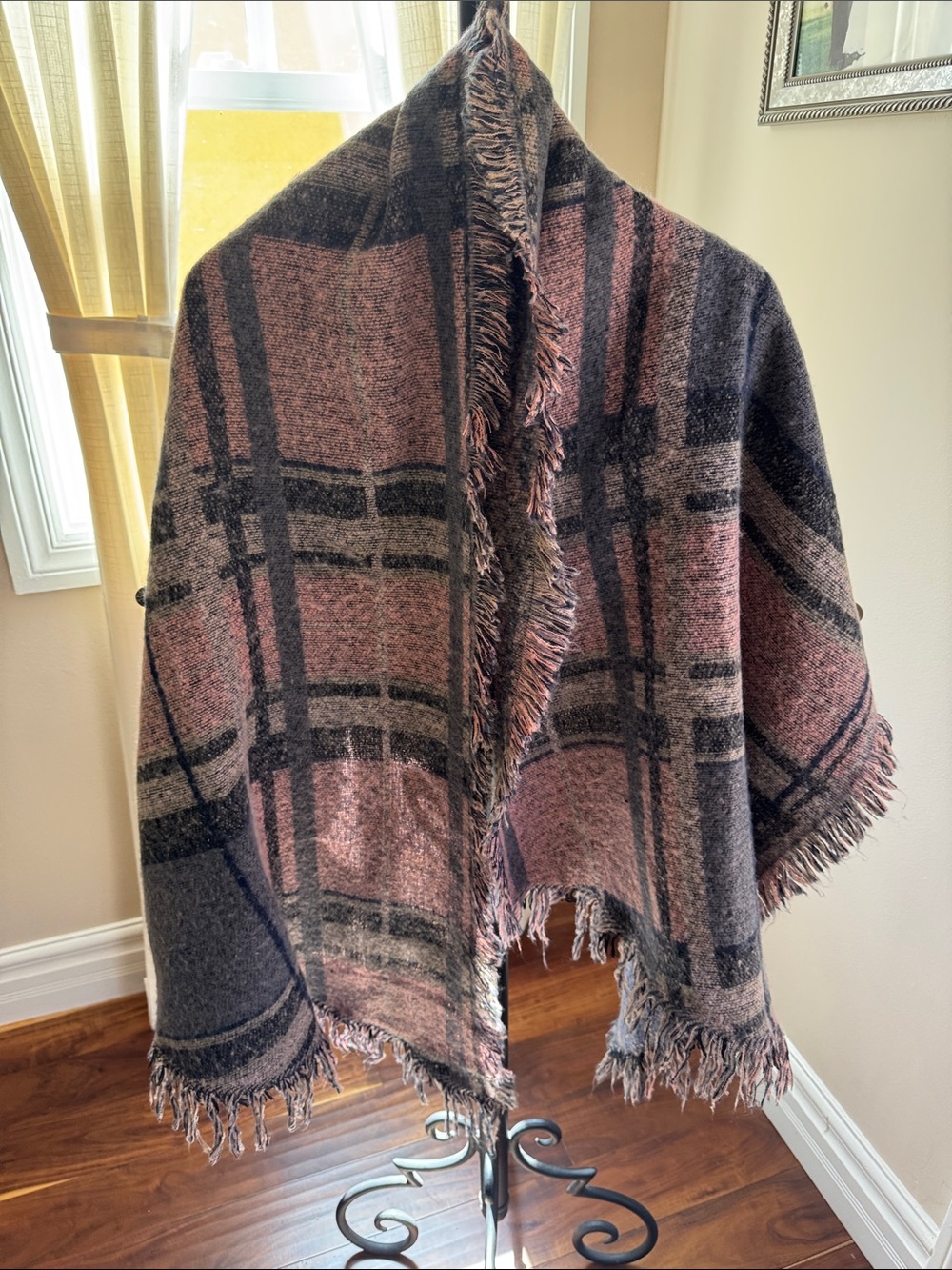 Accents Accessories Woman Plaid Fringe Wool-Blend Wrap - Pink & Gray OS